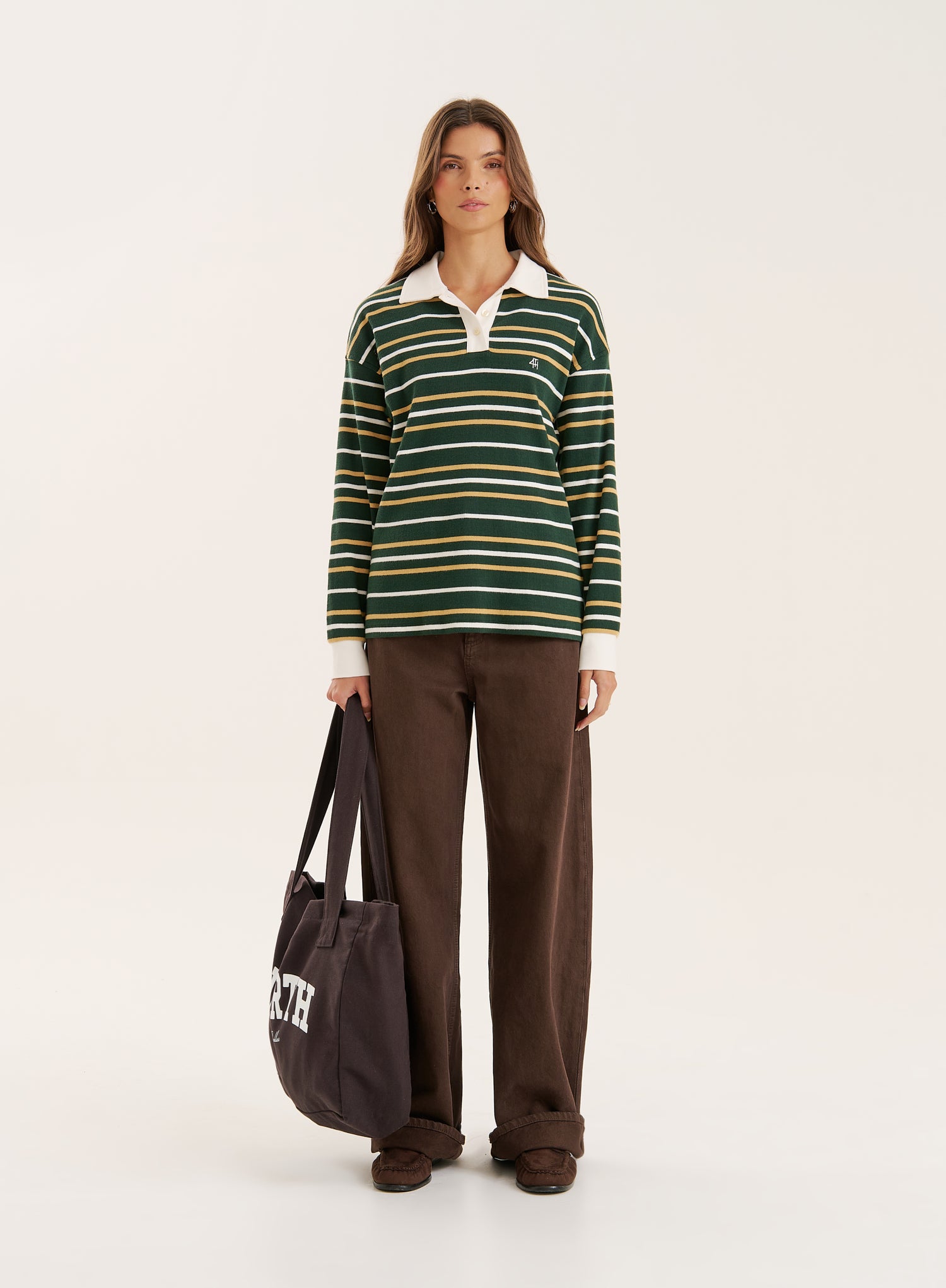 Green Striped Contrast Collar Rugby Top
